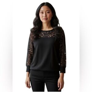 DKNYC DKNY M Black Sweater Sheer Lace Top Sleeves R $89